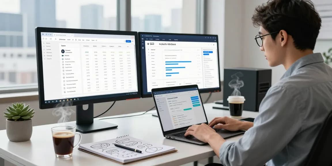 Digital marketer using AI SEO tools in a modern office setting for effective content strategy.