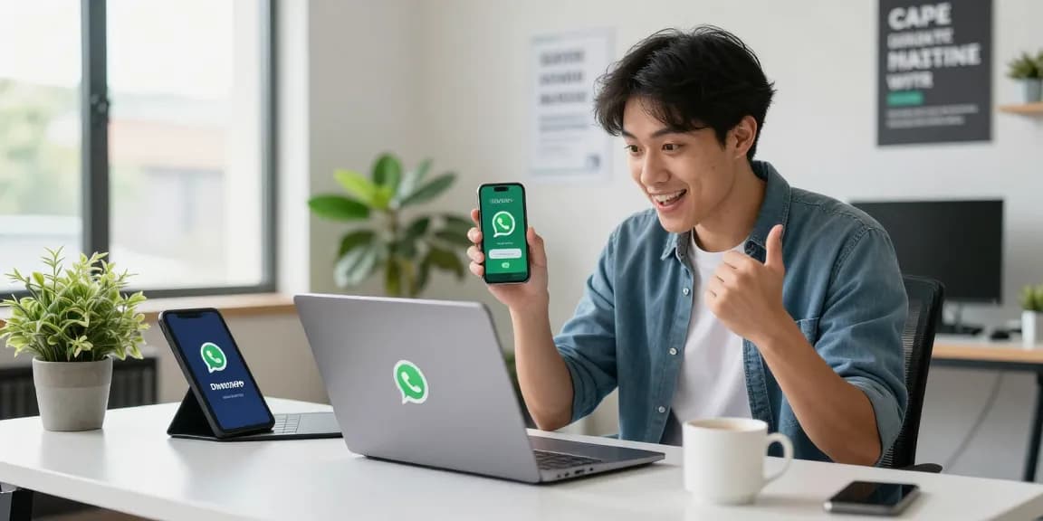 Instantly learn how to WhatsApp下載 with a young professional illustrating the process in a modern workspace.