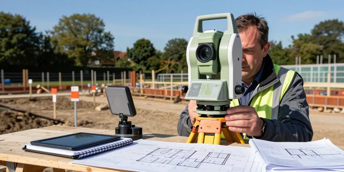 Topographical Land Surveys Berkshire with land surveyor using high-tech equipment and CAD drawings at a construction site.