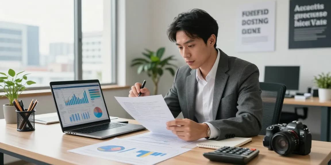 A business professional analyzing merchant cash advance meaning with financial documents at a modern office desk.