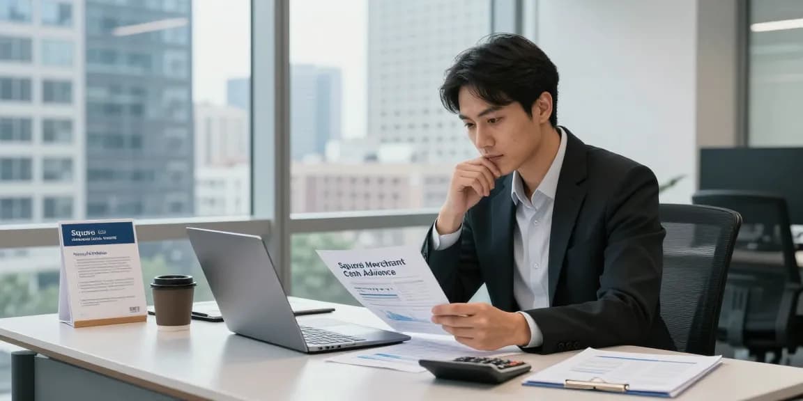 Business owner analyzing Square merchant cash advance options in a modern office.