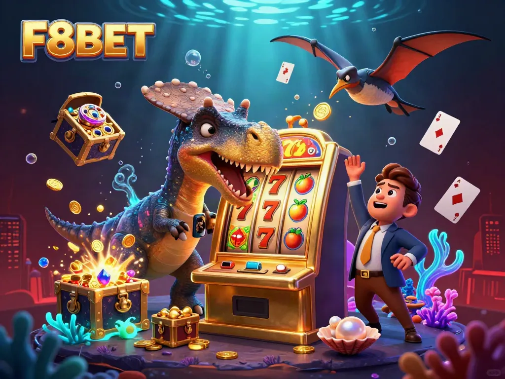 Catch a jackpot at F8BET with a 3D cartoon pachycephalosaurus hitting a golden slot machine.