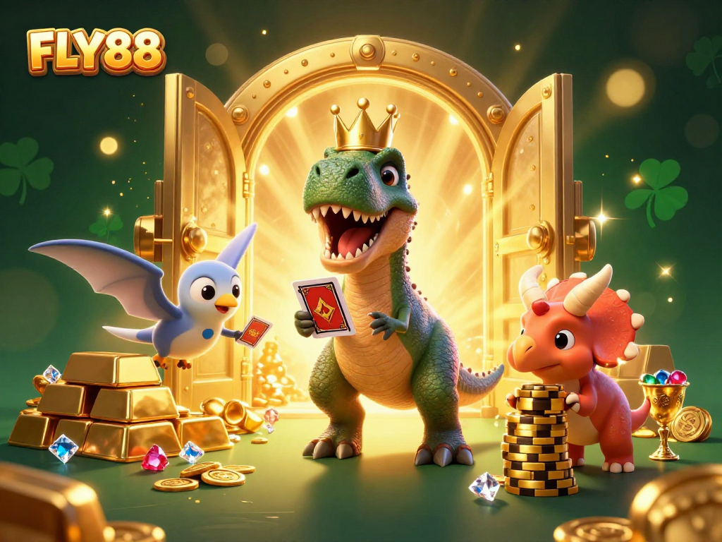 FLY88 brings a dynamic scene with a cartoon T-Rex shuffling cards, gold and treasure around.