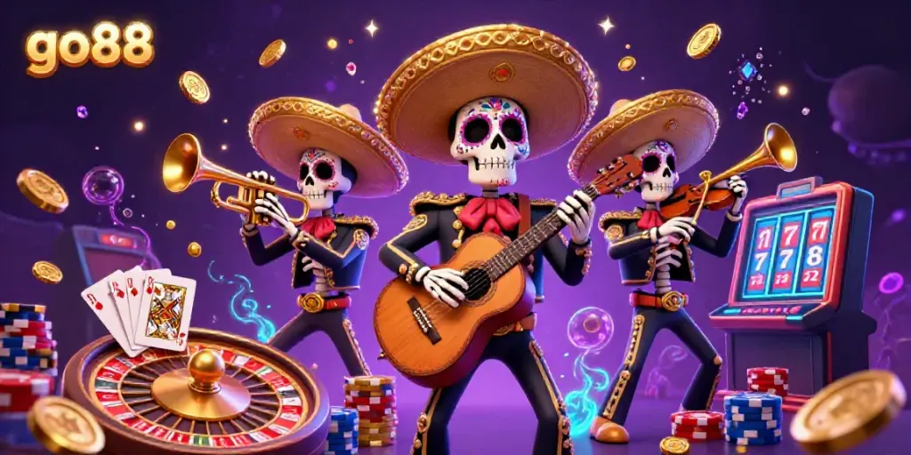 Experience the thrills of go88 with a vibrant mariachi band amid sparkling casino treasures.