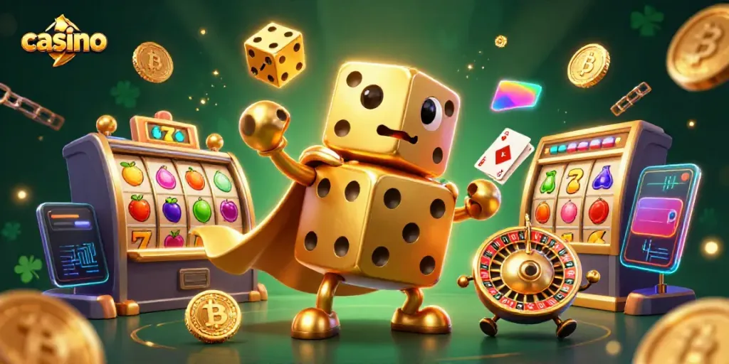 Engaging 3D casino scene with lively characters, golden dice, and vivid slot game elements.