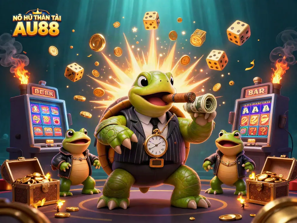 Engage in NỖ HŨ THẦN TÀI AU88 with a vibrant 3D visual of a turtle mobster and bullfrogs amidst a jackpot explosion.