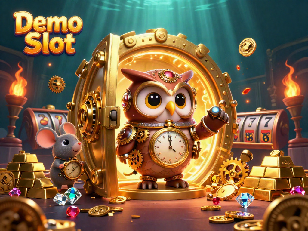Engage with Demo Slot thrills in a vibrant 3D casino illustration featuring lucky symbols and treasures.