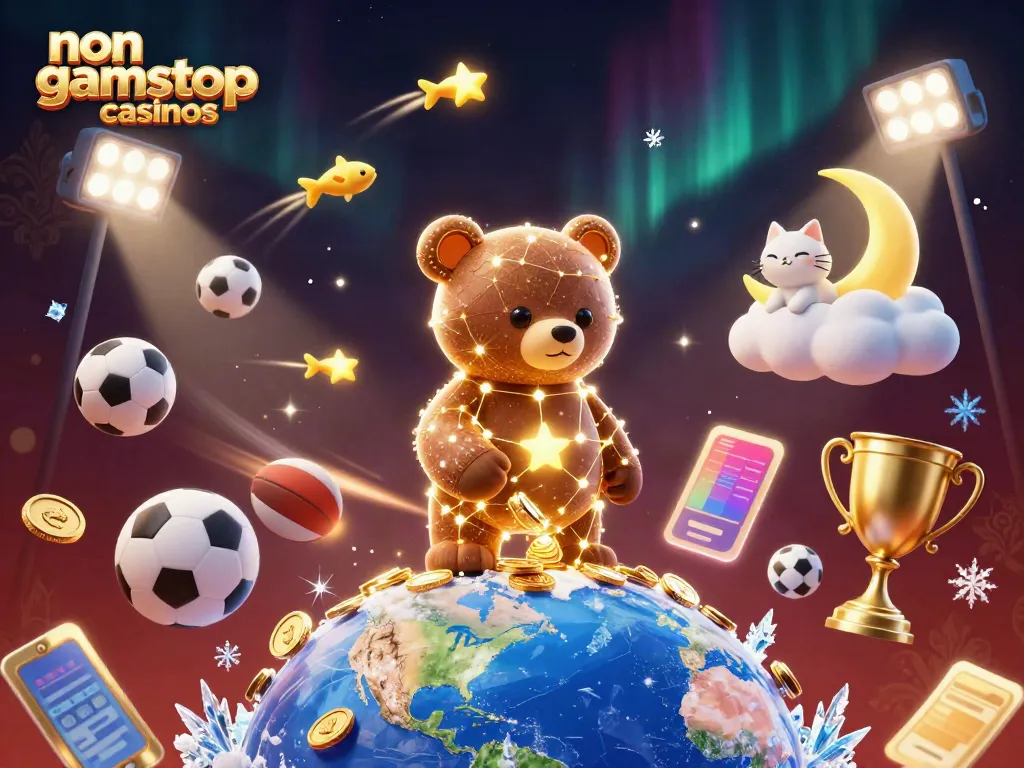 Engaging scene showcasing non gamstop casinos with a whimsical constellation bear surrounded by sports elements.