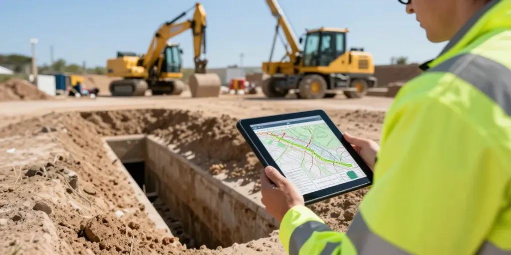 Drainage mapping London with a surveyor using advanced technology to trace underground systems.