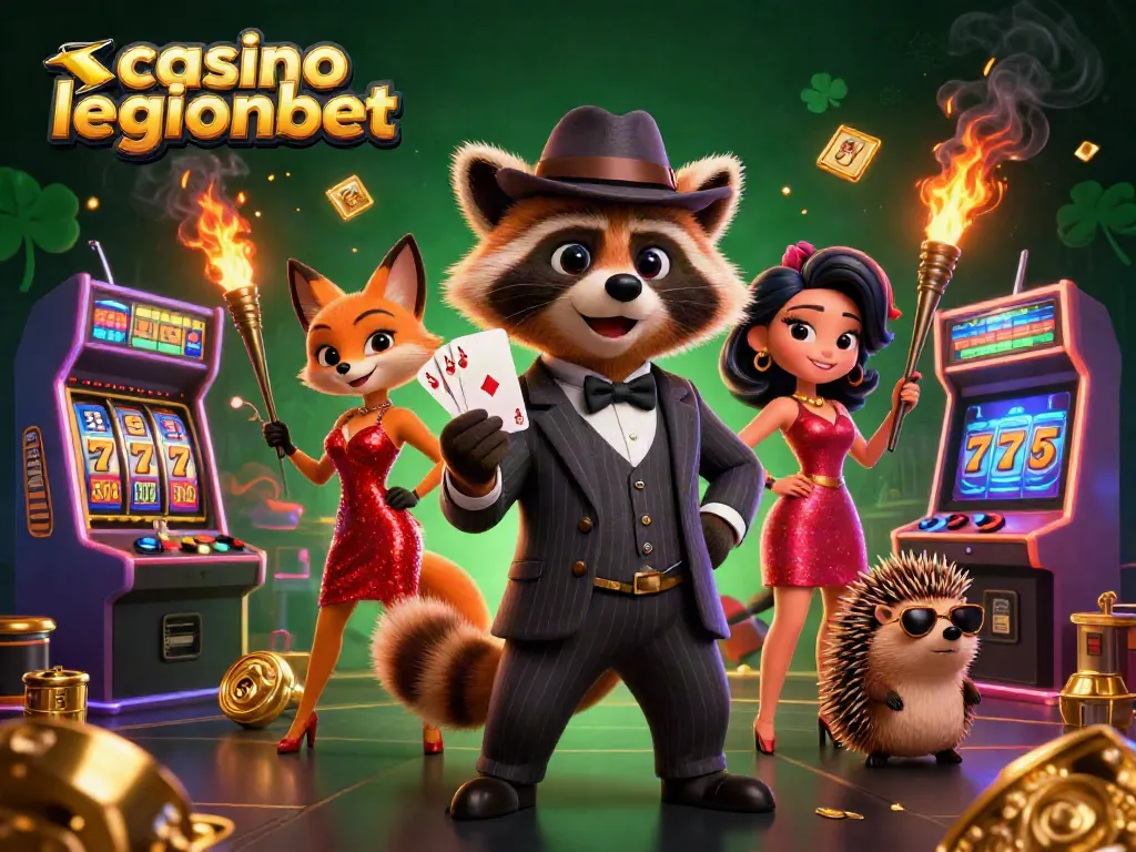 Engage with the excitement of casino legionbet through this vibrant 3D illustration of a raccoon, fox, and hedgehog in a gaming scene.