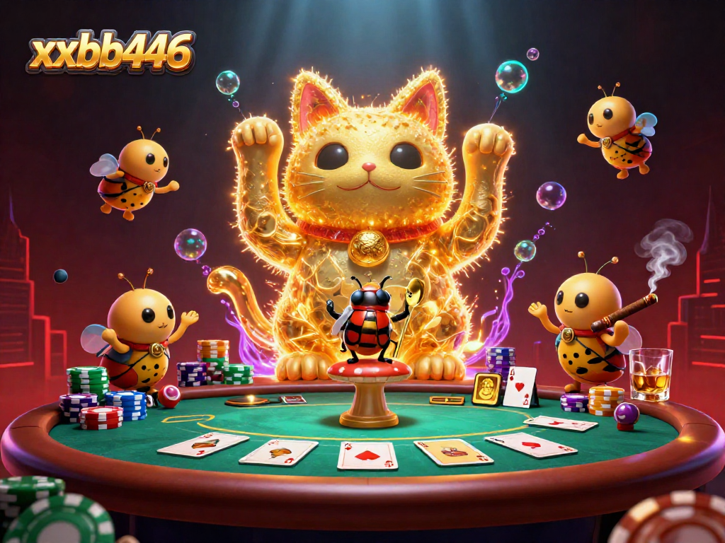 Engage with the vibrant scene of xxbb446 as golden fireflies form a lucky cat amidst poker elements.