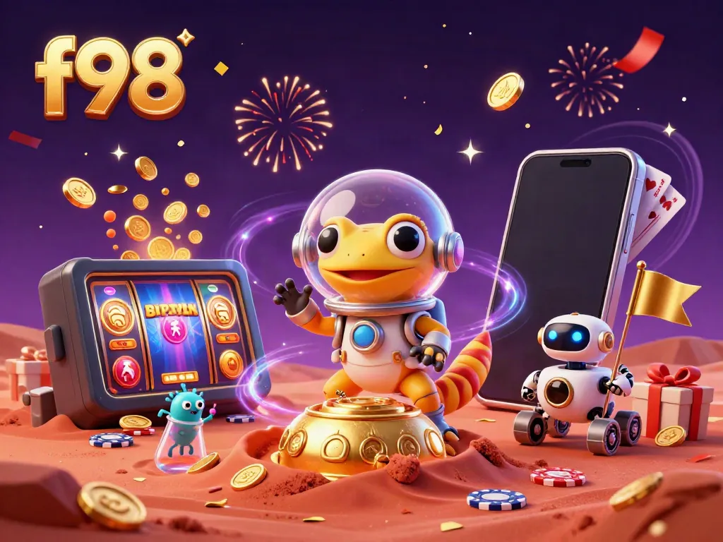 Experience dynamic gambling action with f98 at a golden casino on Mars, featuring lively characters and casino games