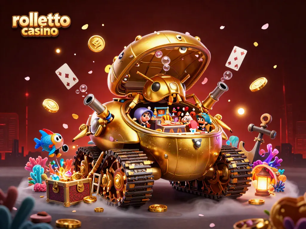 Engage with rolletto casino in a colorful 3D scene filled with games, coins, and fun.