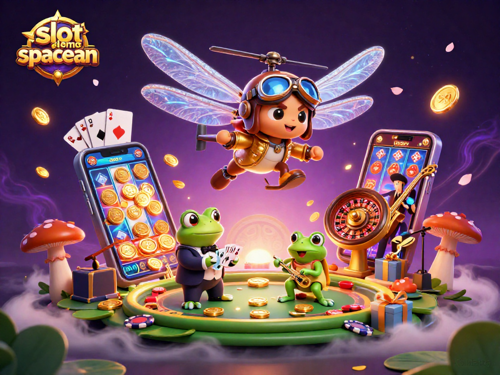 Play engaging slot demo spaceman at a vibrant lily pad casino with dynamic 3D characters and gaming elements.