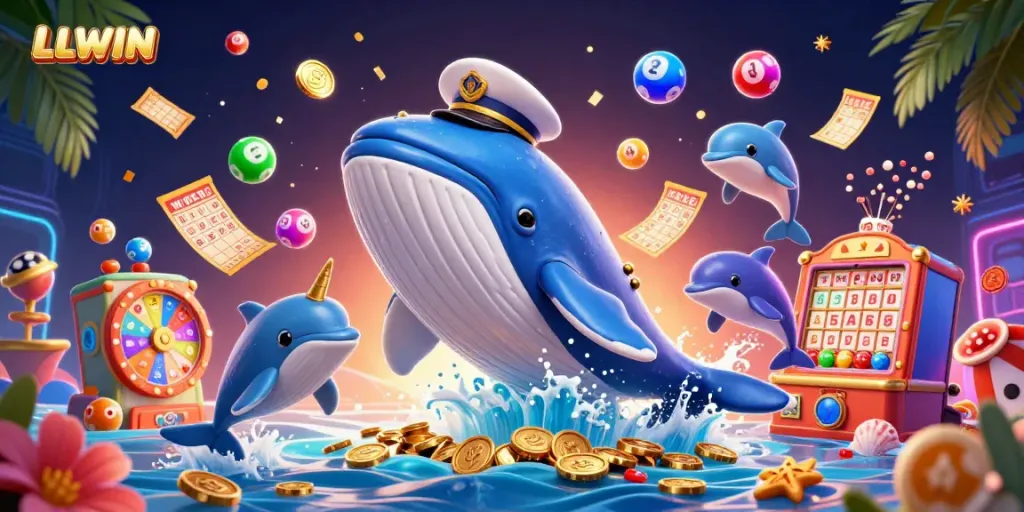 Engage with LLWIN's vibrant online gaming world, featuring a cartoon whale and playful dolphins.