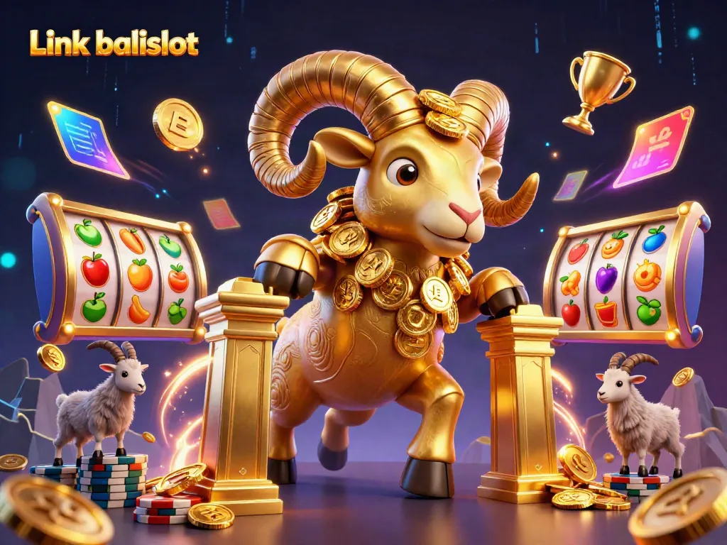 Experience the thrill of Link balislot with a golden ram charging through a casino full of slots and trophies.