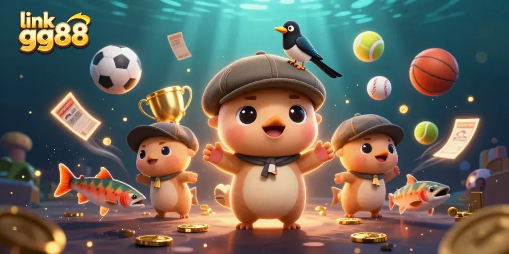 Experience the excitement of link gg88 with cartoon characters swimming among dynamic casino game elements.