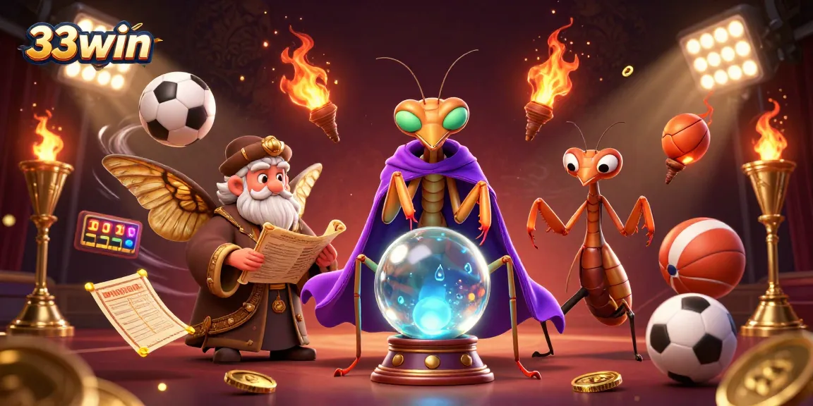 Engage with the vibrant world of 33win featuring animated gambling elements around a mystic fortune teller.