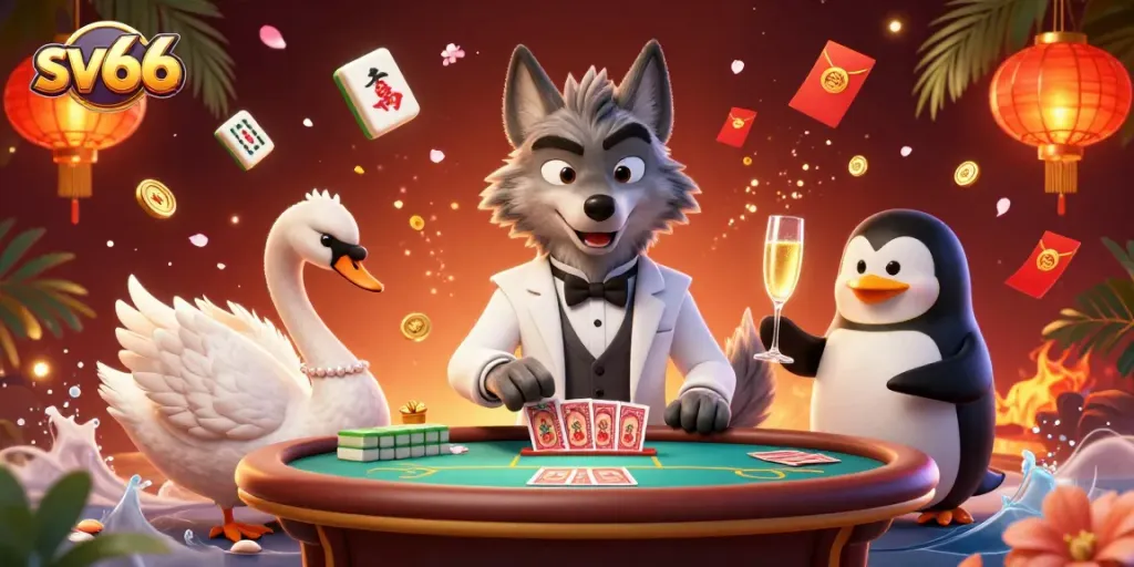 Bet on thrilling games with sv66 featuring debonair characters dealing cards and enchanting casino elements.