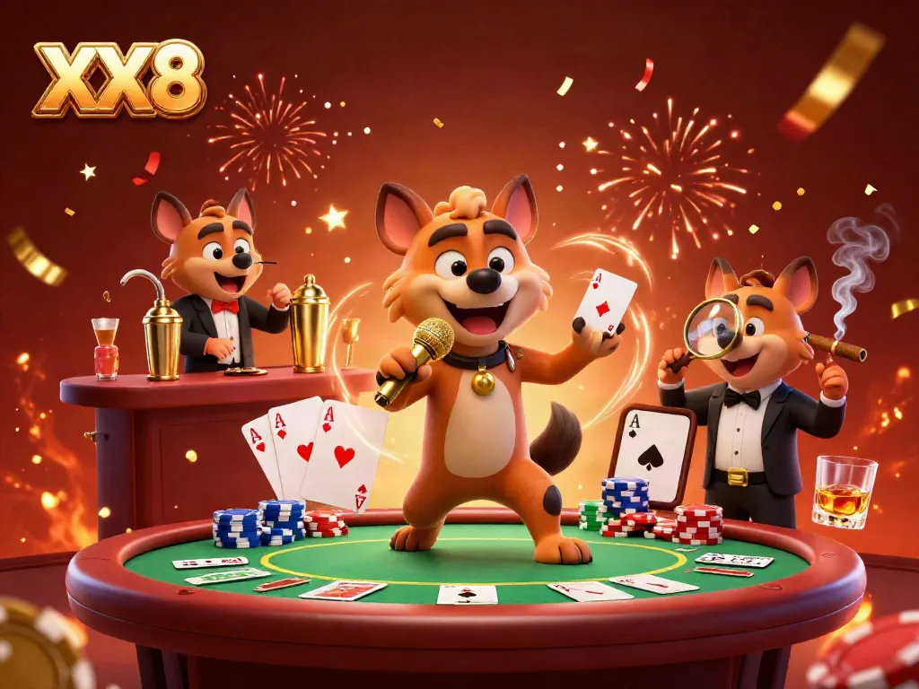 Hyenas running a comedy casino club with vibrant XX8 elements and lively atmospheres.