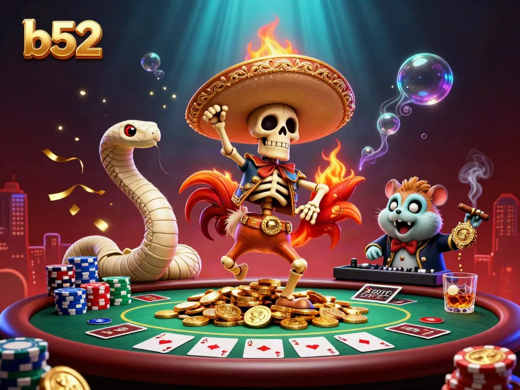 B52 gaming scene with a victorious mariachi rooster, poker elements, and vibrant coins, ideal for casino-themed promotions.