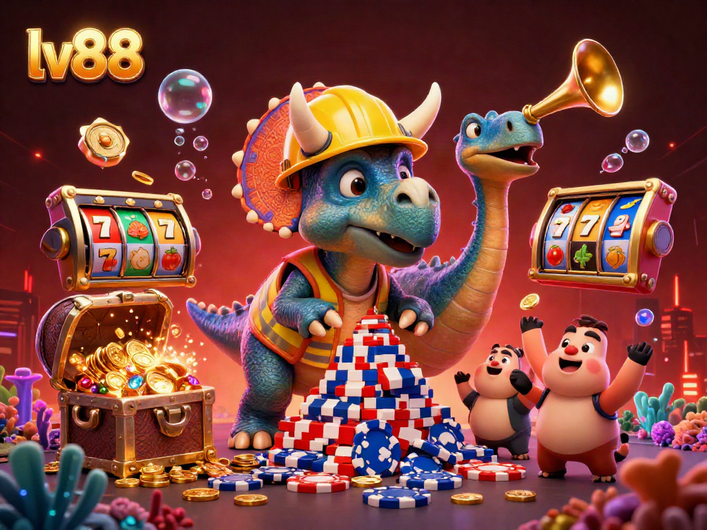 Experience the thrilling excitement of lv88 with a vibrant scene of slot games and animated dinosaurs celebrating wins.