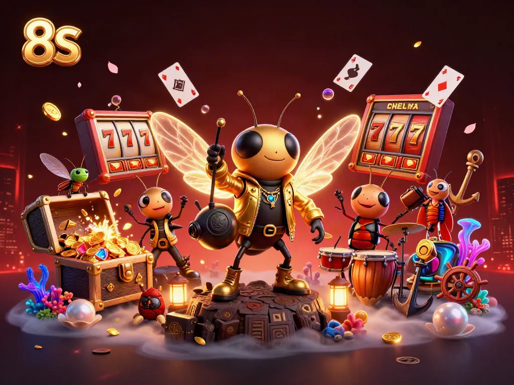 Experience the excitement of 8S gaming with a vibrant casino scene featuring characters and slot elements.