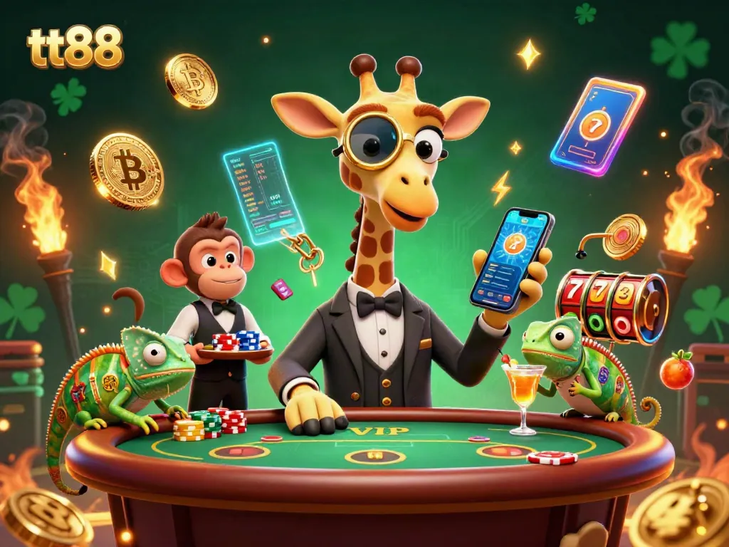 Experience winning strategies with tt88 in a vibrant casino scene showcasing a giraffe and gaming elements.