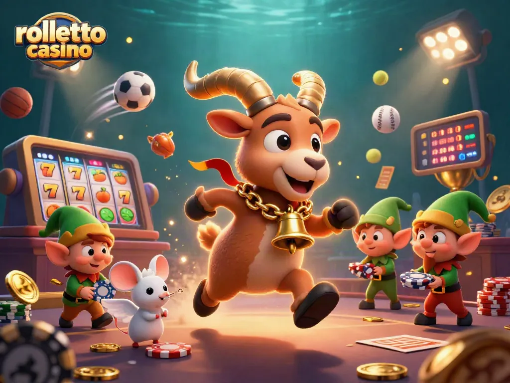 Experience the fun at rolletto casino with a festive 3D scene of characters in a lively gaming environment.