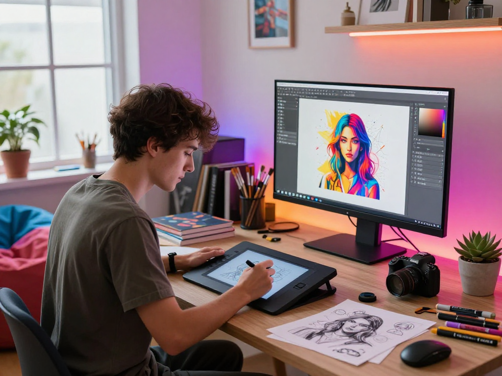 Creating nsfw ai artwork in a vibrant digital art studio.