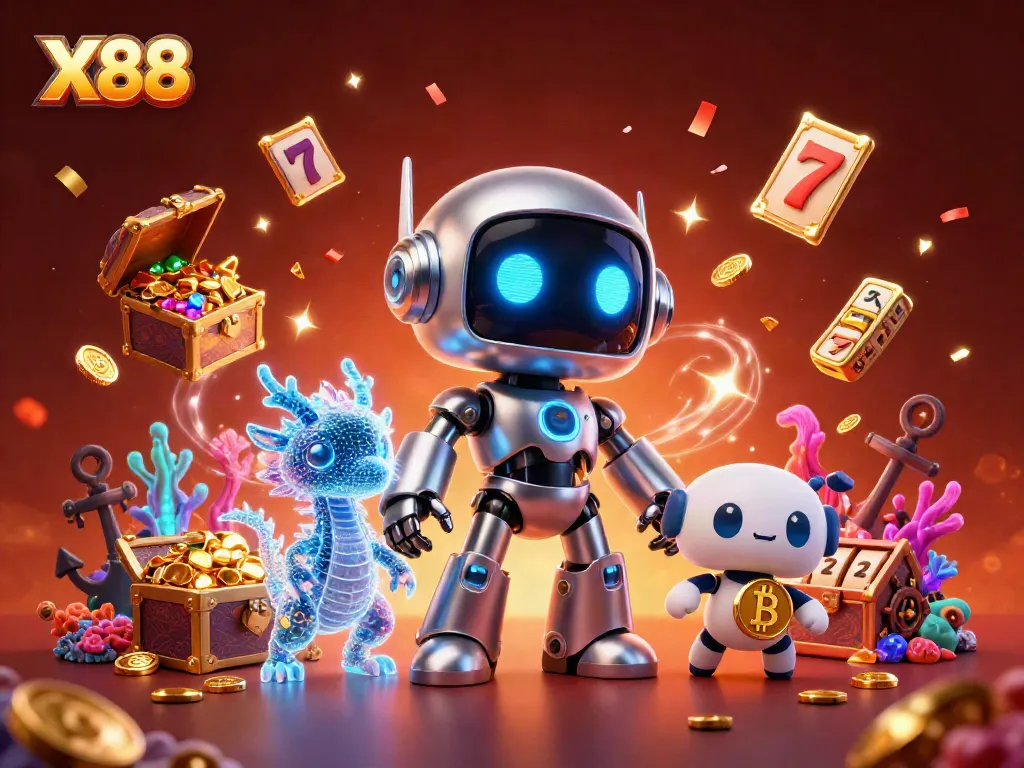 X88 players enjoying a vibrant casino scene with treasures and excitement.