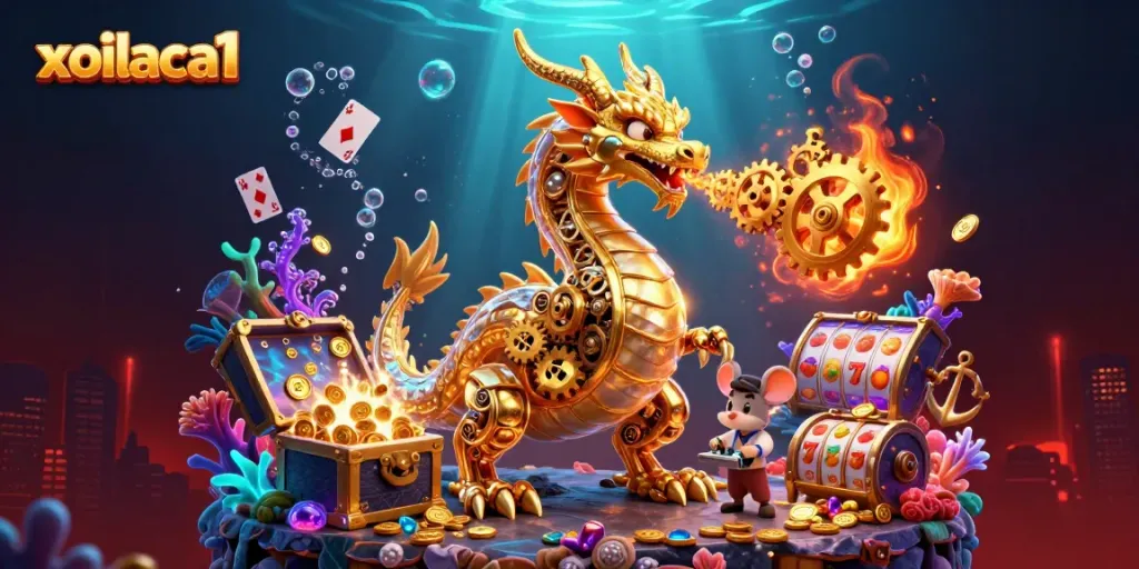 Xoilaca1 showcases an exhilarating casino scene with a biomechanical dragon and mouse engineer, immersed in underwater treasures.