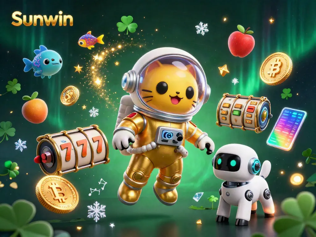 Play thrilling games at Sunwin with an astronaut cat and robot dog in a vibrant cosmic casino world.