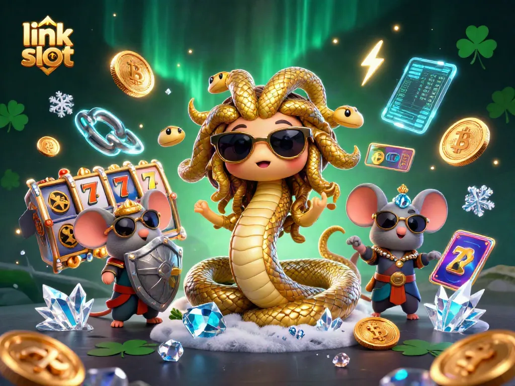 Spin the link slot reels with Medusa and a warrior mouse in this vibrant casino-themed illustration.