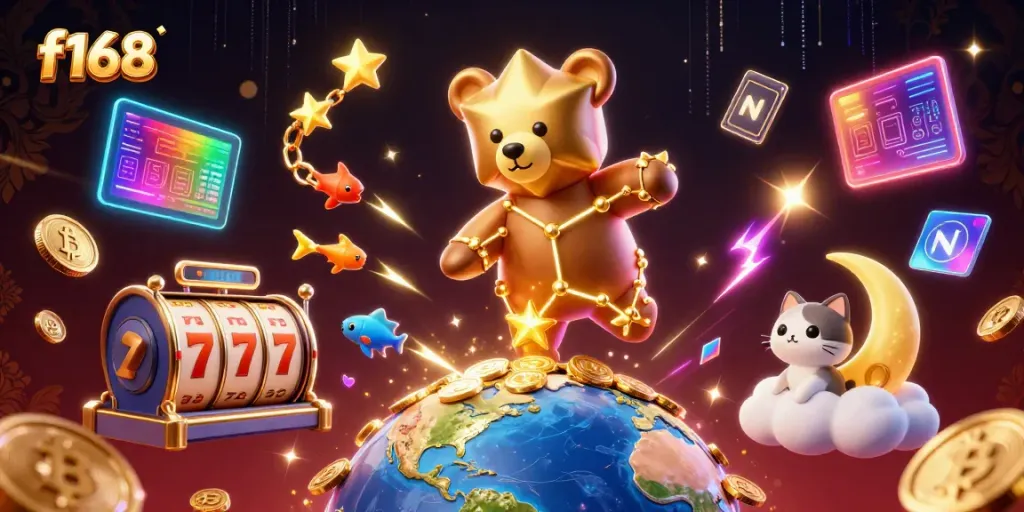 Play at f168 with an energetic bear and glowing coins amidst vibrant casino elements.
