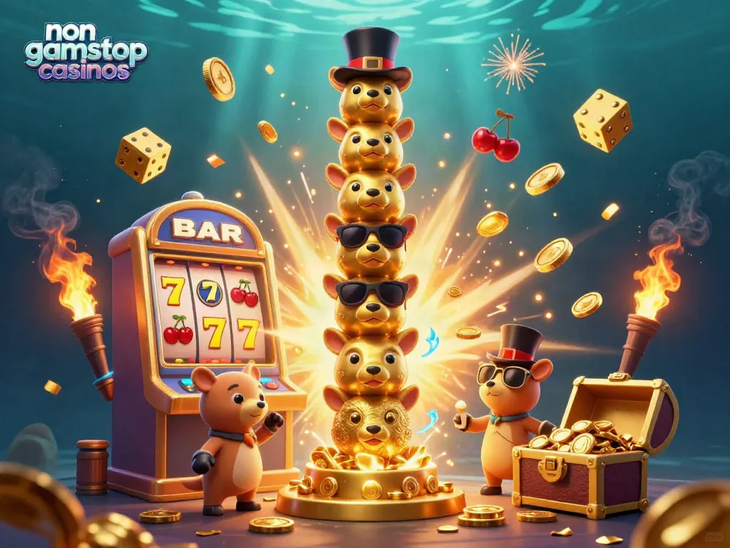Experience the excitement of non gamstop casinos with a dynamic 3D casino illustration featuring vibrant game elements.
