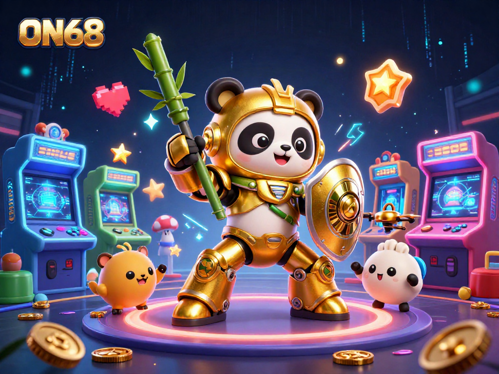 Experience the thrill of ON68 with a vibrant 3D illustration of a mech-suit panda in a dynamic gaming arena.