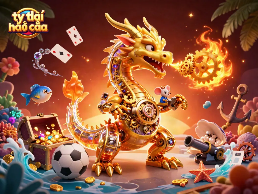 Discover tỷ lệ nhà cái insights with a dynamic scene featuring a golden dragon and vibrant casino elements.