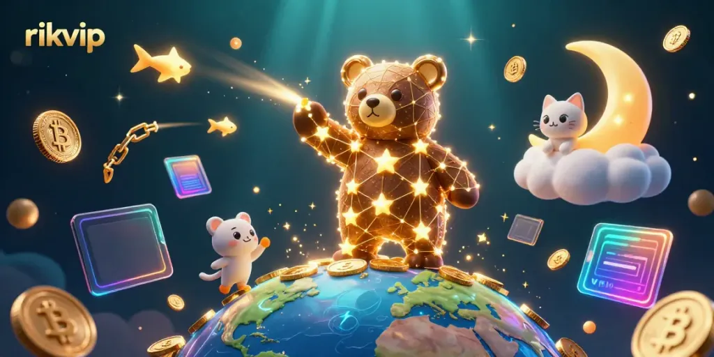 Experience thrilling moments at rikvip, as the constellation bear scoops coins amidst cryptocurrency elements.