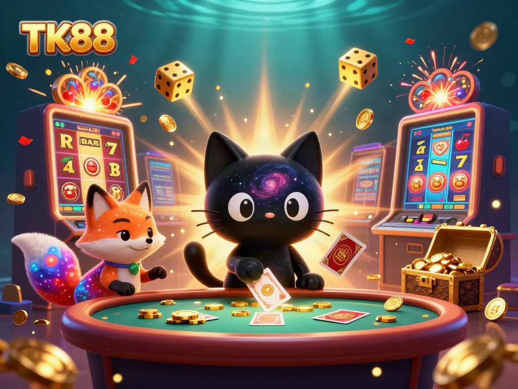 Engage with TK88 at a vibrant cosmic casino featuring a black hole cat and nebula fox.
