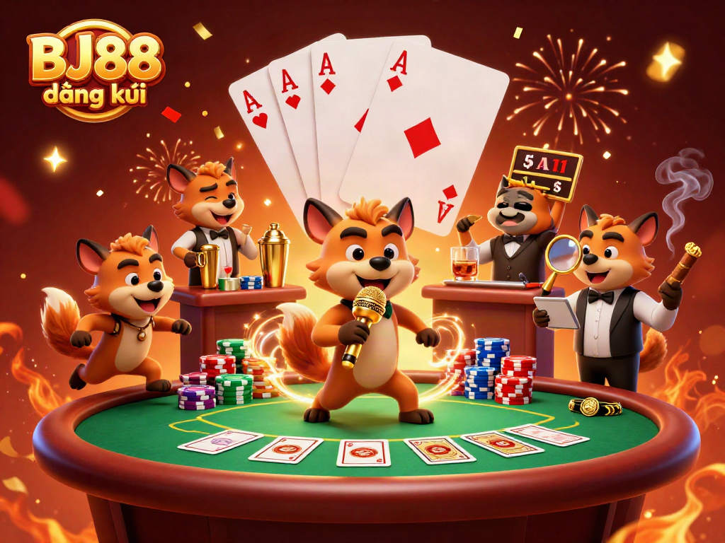 Experience BJ88 đăng ký with lively hyenas in a casino setting filled with vibrant poker elements.