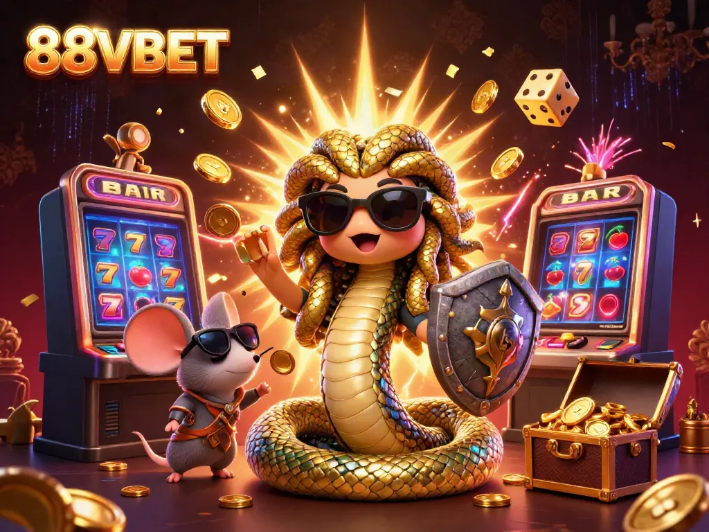 Engage with the lively world of 88VBET, featuring a playful Medusa and warrior mouse amidst a vibrant casino explosion.