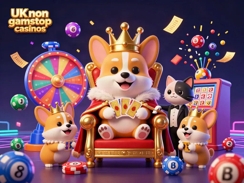 Engage with the vibrant world of UK non gamstop casinos featuring a royal corgi on a poker chip throne amidst lively gaming elements.