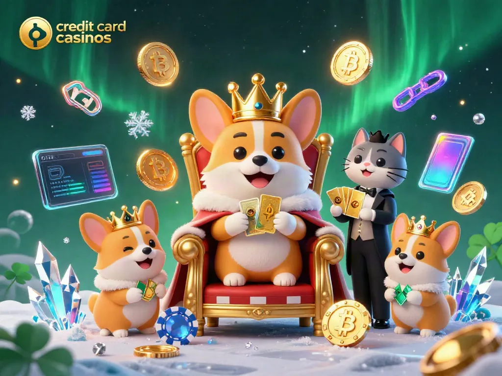 Experience the allure of credit card casinos with a vibrant 3D scene showcasing a royal corgi and a cat butler amidst dynamic game elements.
