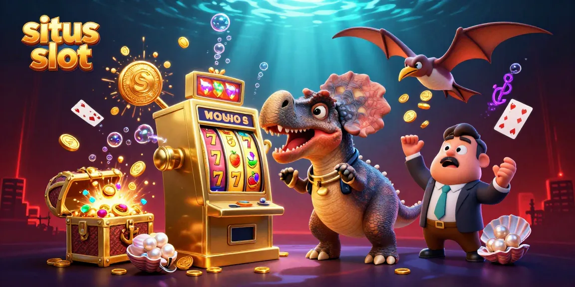 Catch jackpots with the interactive situs slot illustration featuring dinosaurs and vibrant casino elements.