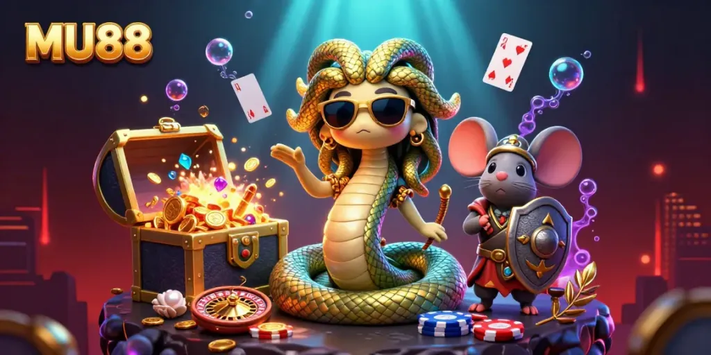 Join the excitement at MU88 with a vibrant, dynamic casino scene filled with gold and gaming elements.