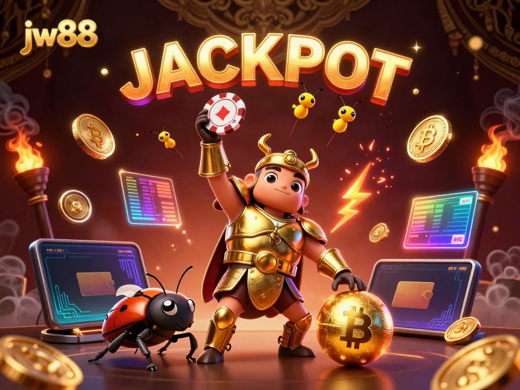 Experience the excitement of jw88 with a vibrant 3D beetle hero lifting a poker chip amidst glowing casino symbols.