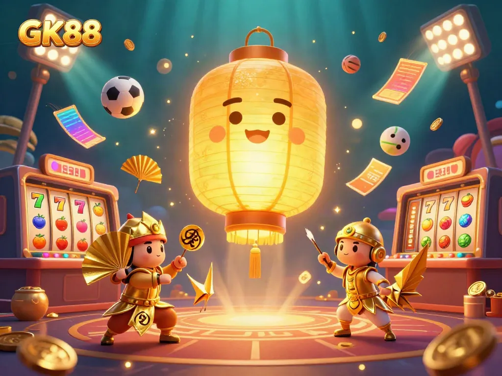 Experience the vibrant GK88 casino scene featuring golden lantern spirit and dynamic slot game elements.