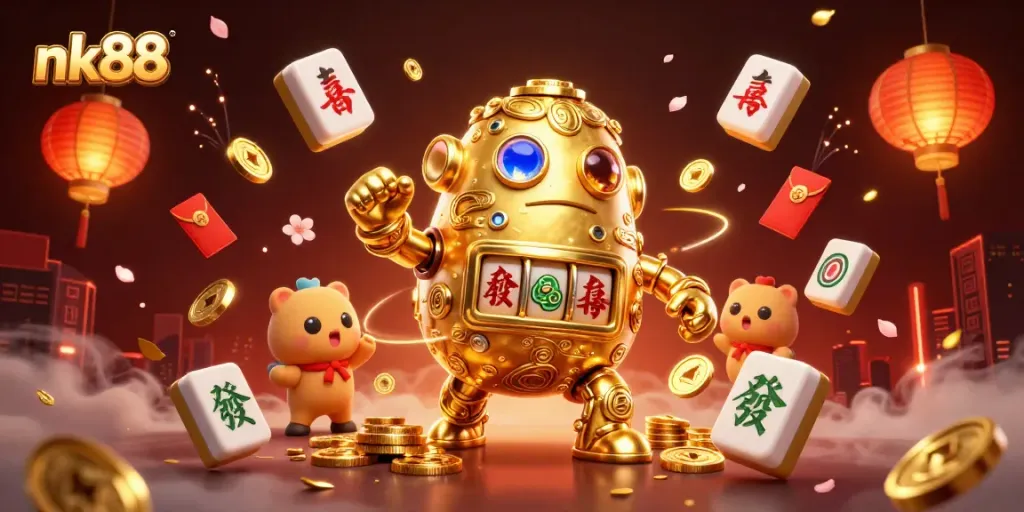 Experience exciting gaming with nk88 at vibrant online casinos, featuring golden golems and festive symbols.
