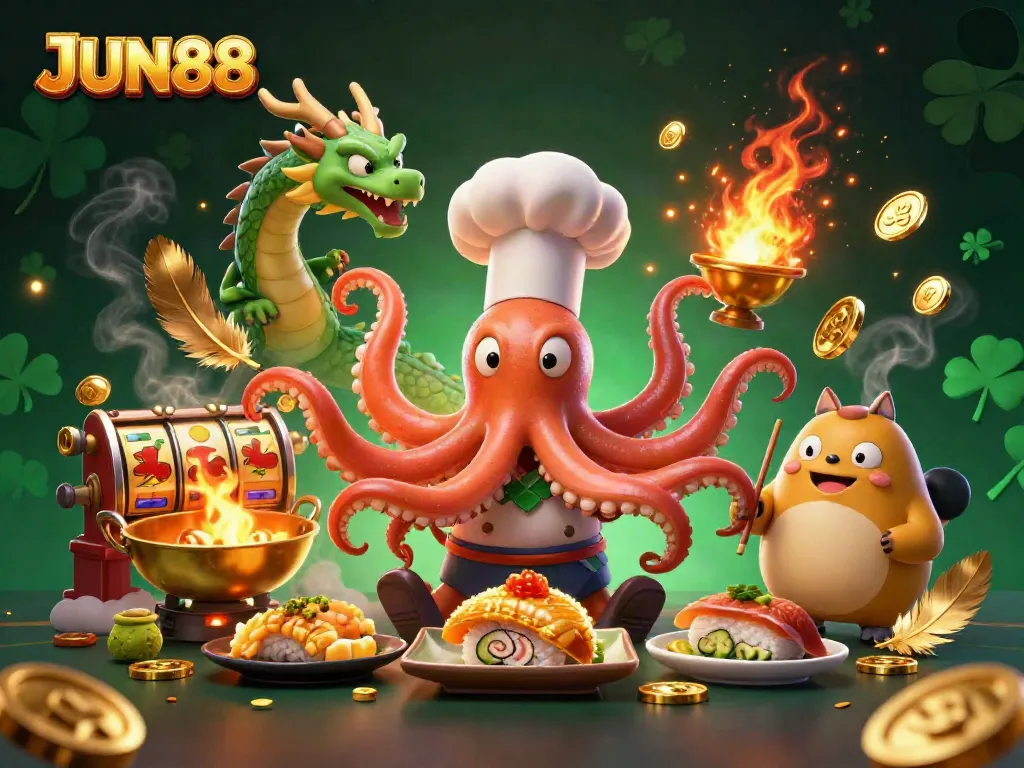 Experience JUN88's vibrant casino scene with a sushi chef octopus and dragon, rich with detail and excitement.
